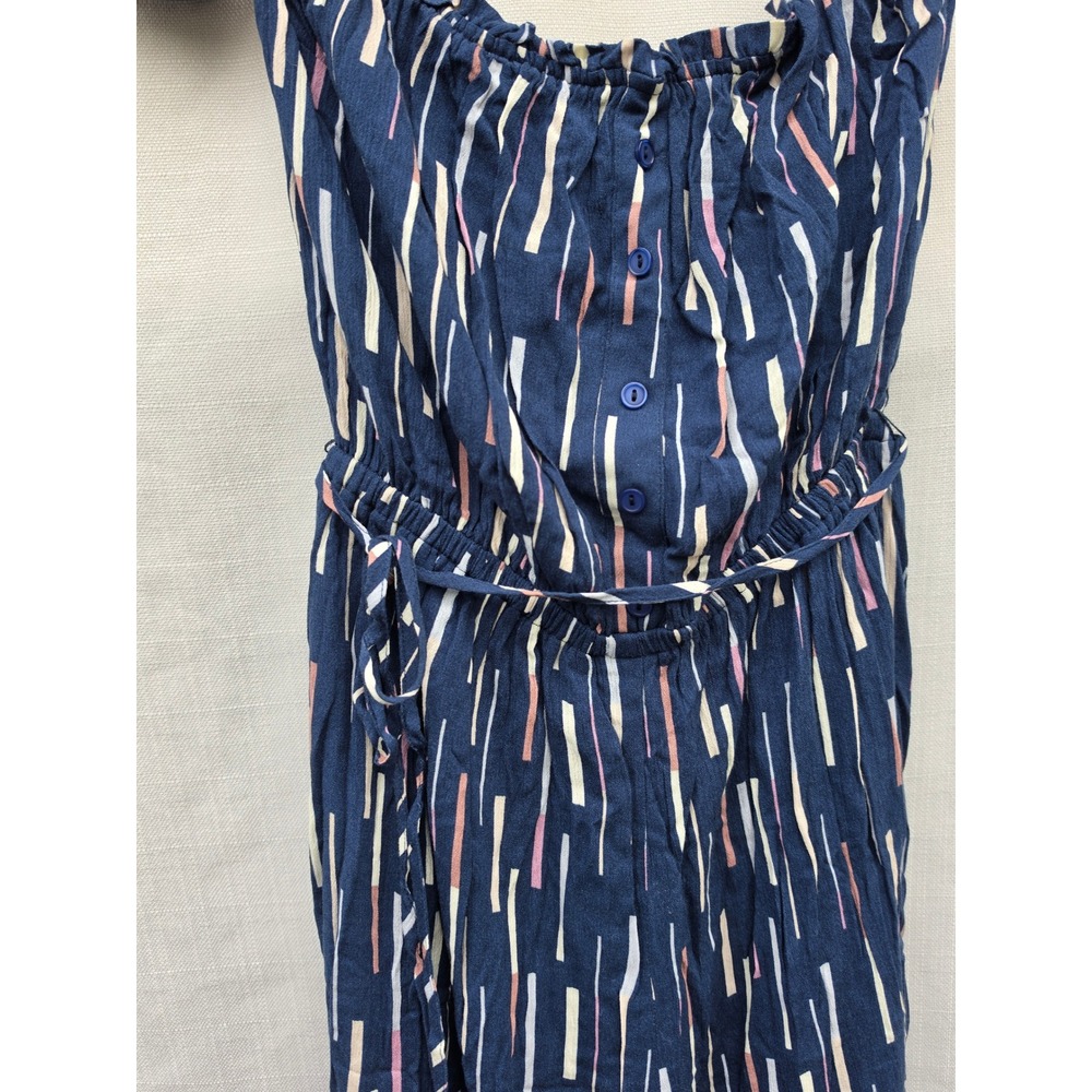 Lulus Navy Blue Abstract Stripe Off Shoulder Jumpsuit Medium Puff Sleeve Boho - Picture 7 of 8